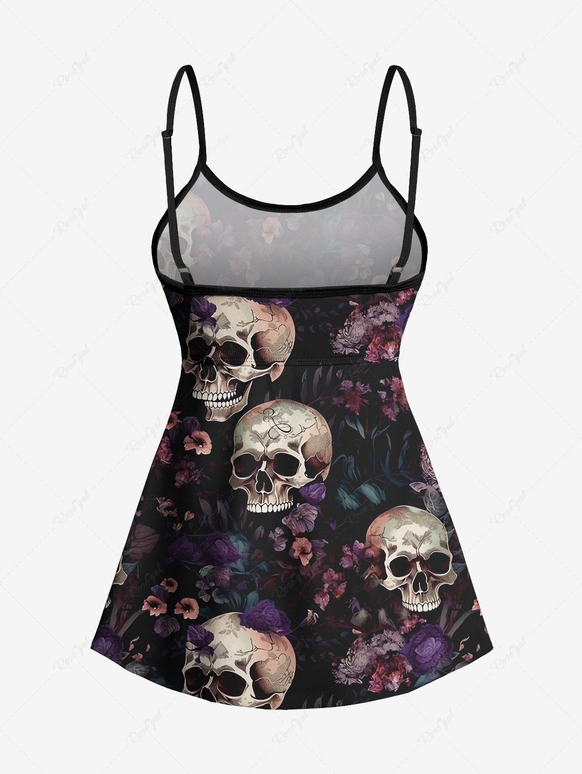 Gothic Plus Size Skulls Tropical Leaves Floral Print Ombre Boyleg Tankini Swimsuit (Adjustable Shoulder Strap)