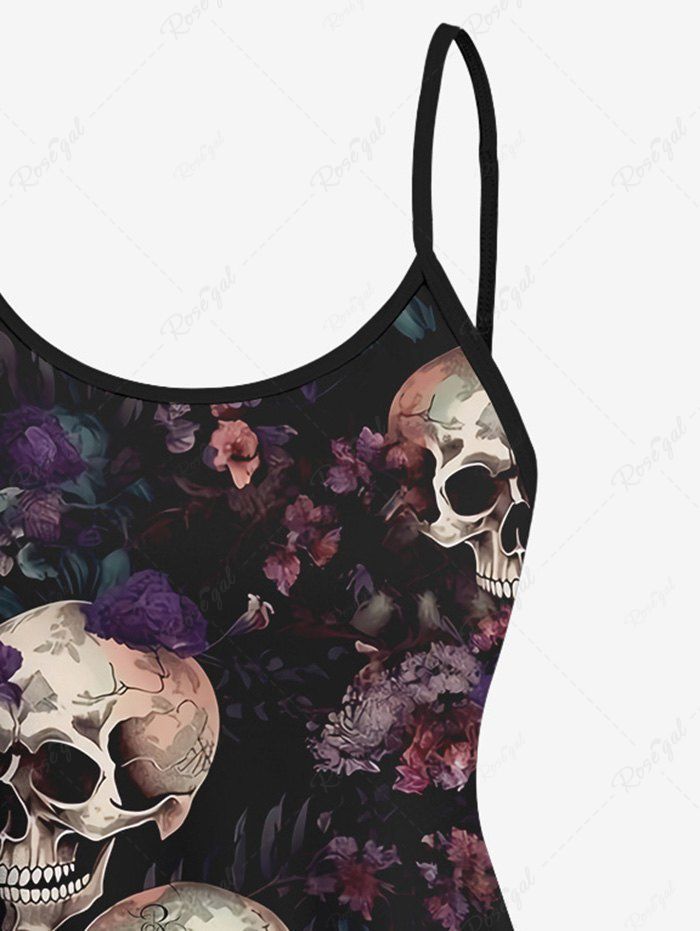 Gothic Skulls Tropical Leaves Floral Print Ombre Boyleg Tankini Swimsuit (Adjustable Shoulder Strap)