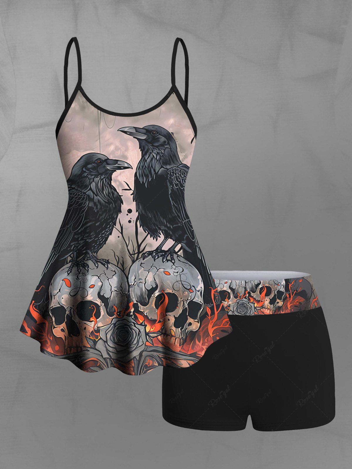 Gothic Distressed Eagle Skulls Fire Flame Rose Flower Print Boyleg Tankini Swimsuit (Adjustable Shoulder Strap)