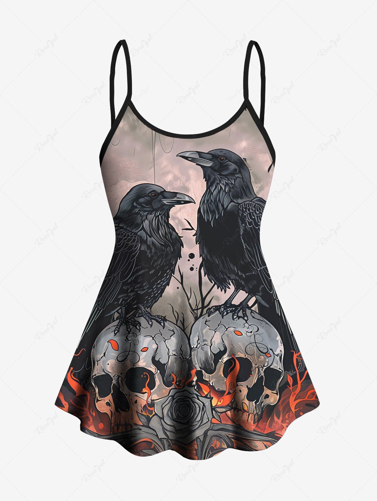 Gothic Plus Size Distressed Eagle Skulls Fire Flame Rose Flower Print Boyleg Tankini Swimsuit (Adjustable Shoulder Strap)