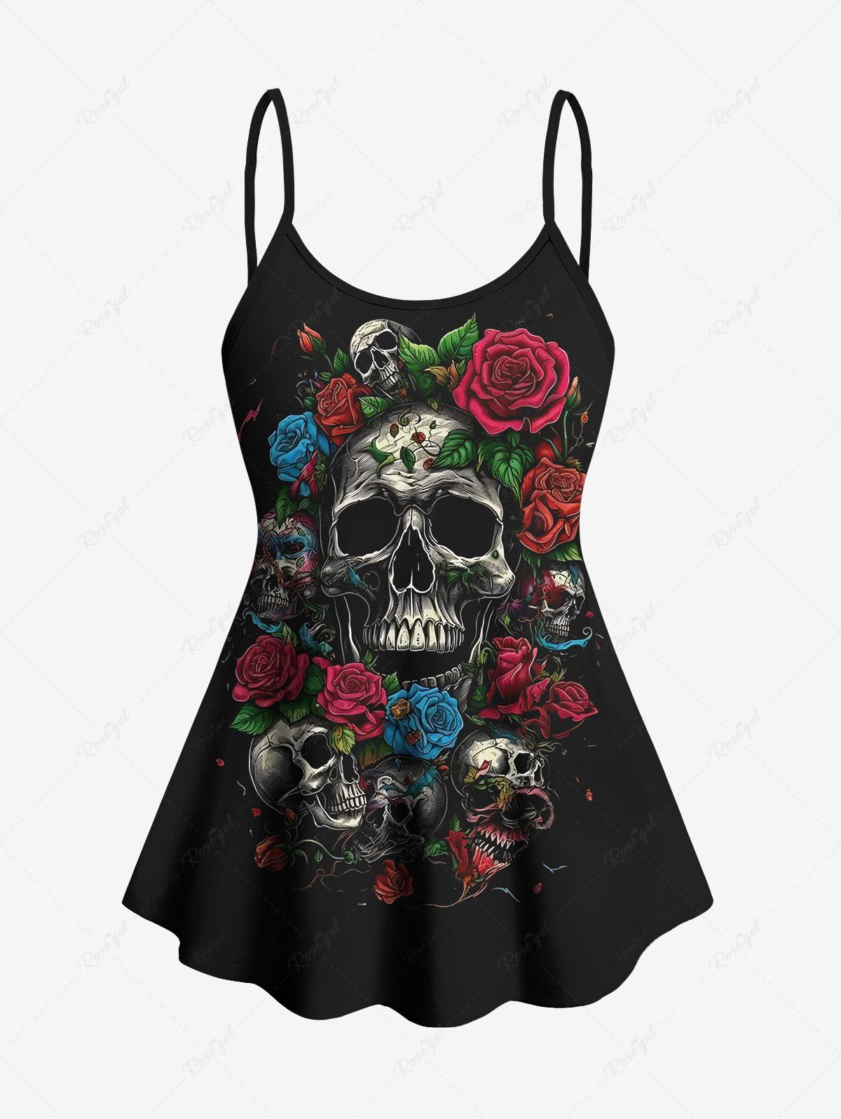 Gothic Plus Size Skull Rose Flower Print Boyleg Tankini Swimsuit (Adjustable Shoulder Strap)