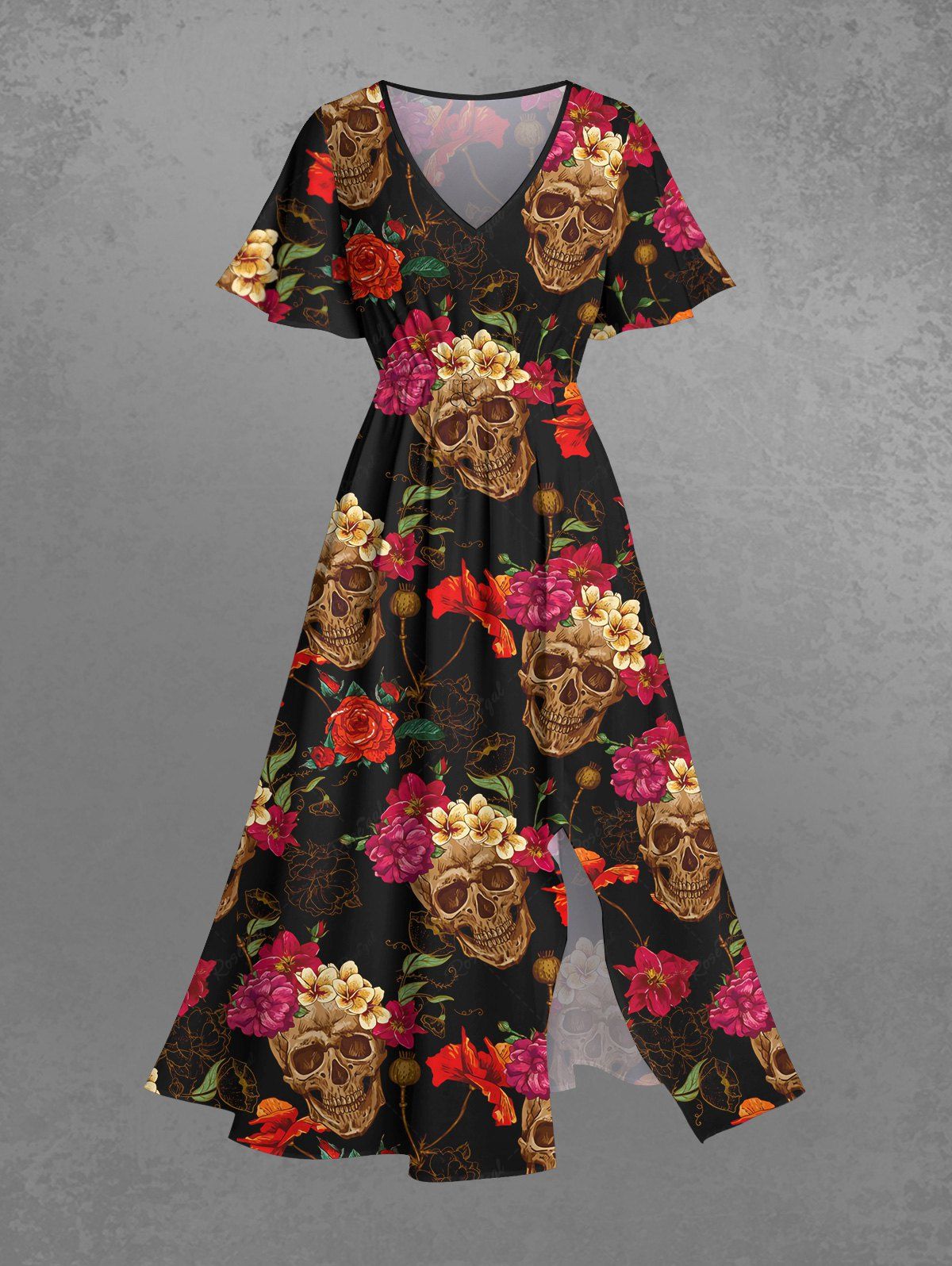 Gothic Skull Flower Print Split Pocket A Line Midi Dress