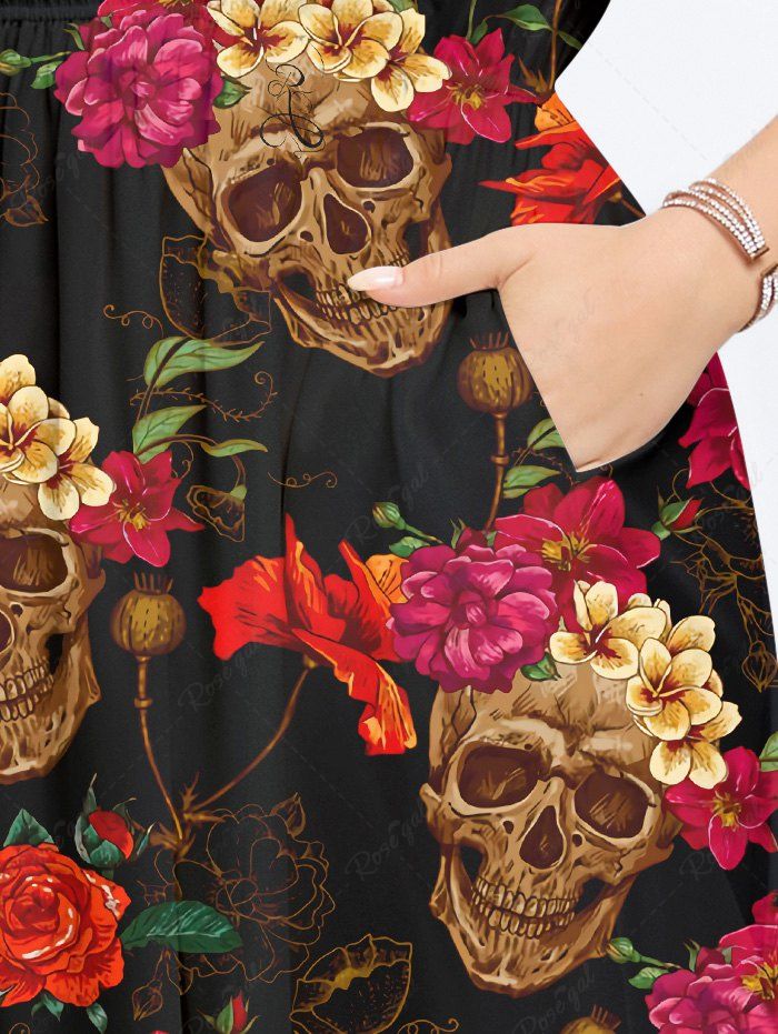 Gothic Skull Flower Print Split Pocket A Line Midi Dress