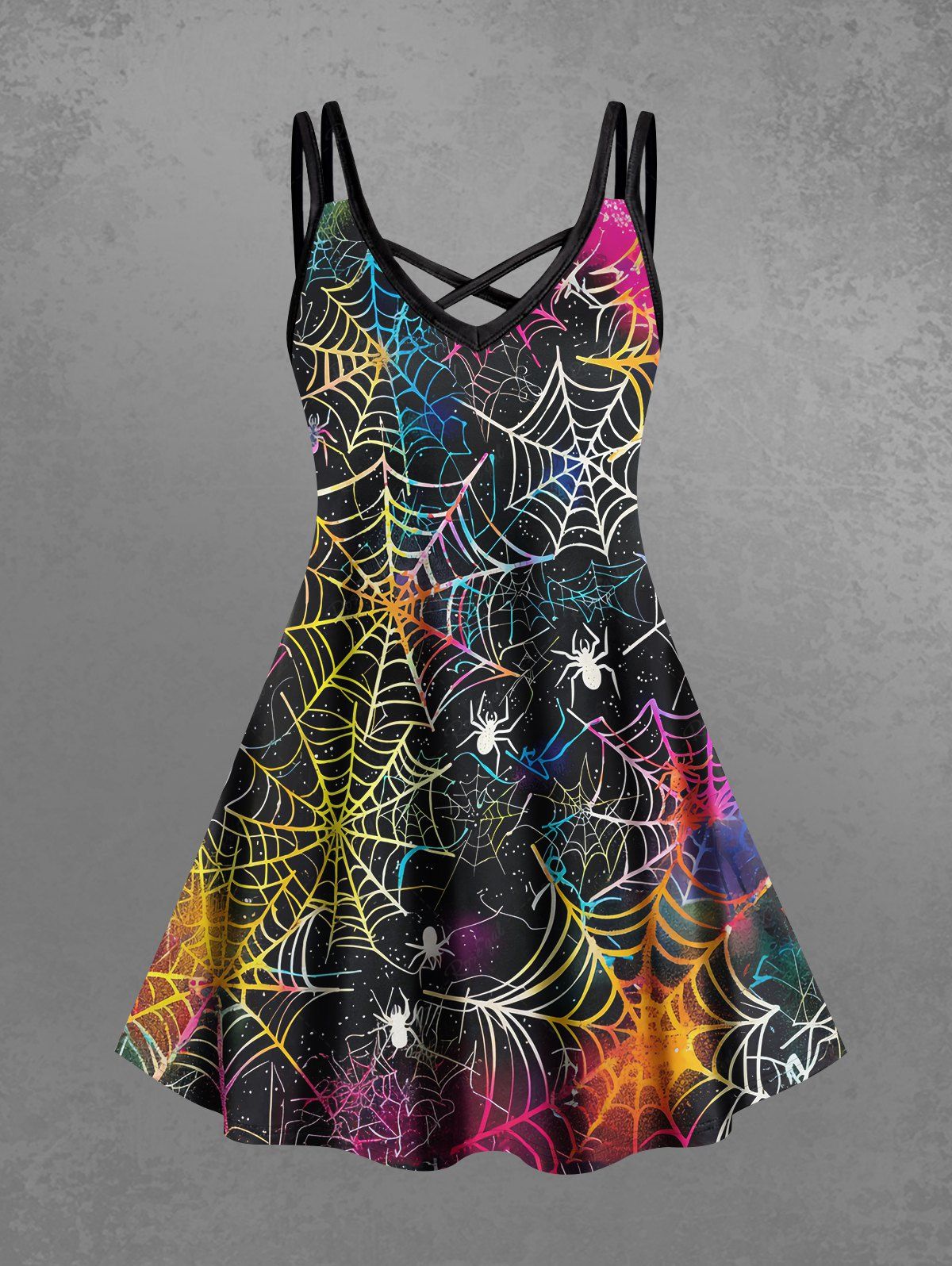 Gothic Plus Size Colorful Spider Web Ombre Galaxy Print Crisscross A Line Cami Dress