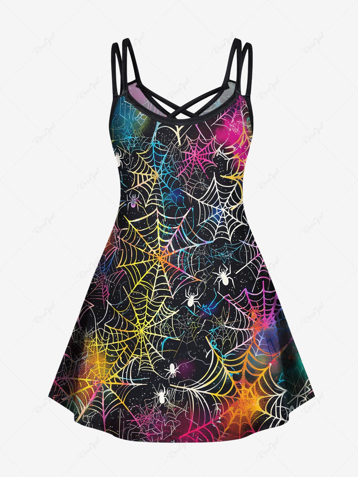 Gothic Plus Size Colorful Spider Web Ombre Galaxy Print Crisscross A Line Cami Dress