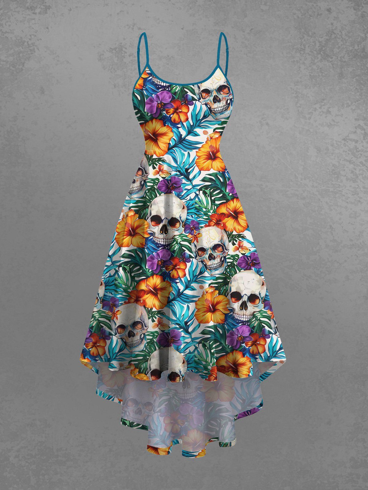 Gothic Skull Floral Tropical Leaves Print Hawaii High Low Asymmetric Cami Dress