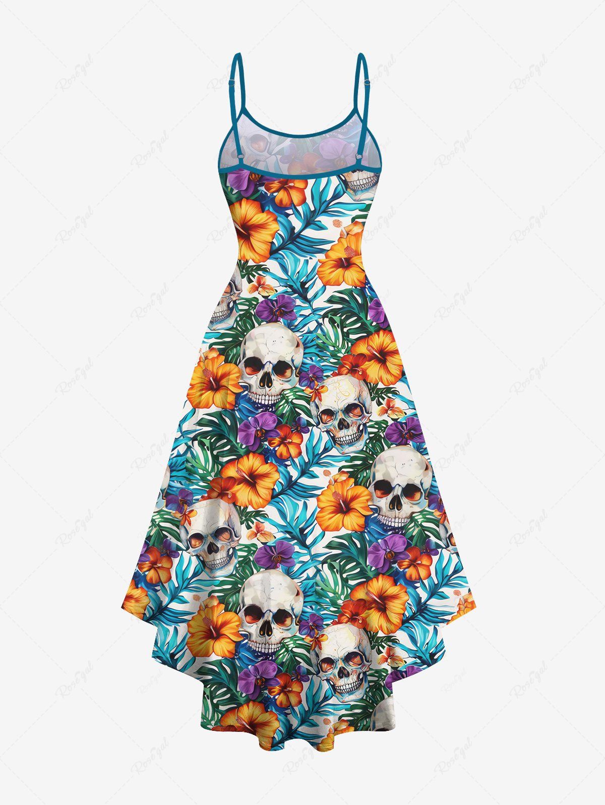 Gothic Skull Floral Tropical Leaves Print Hawaii High Low Asymmetric Cami Dress