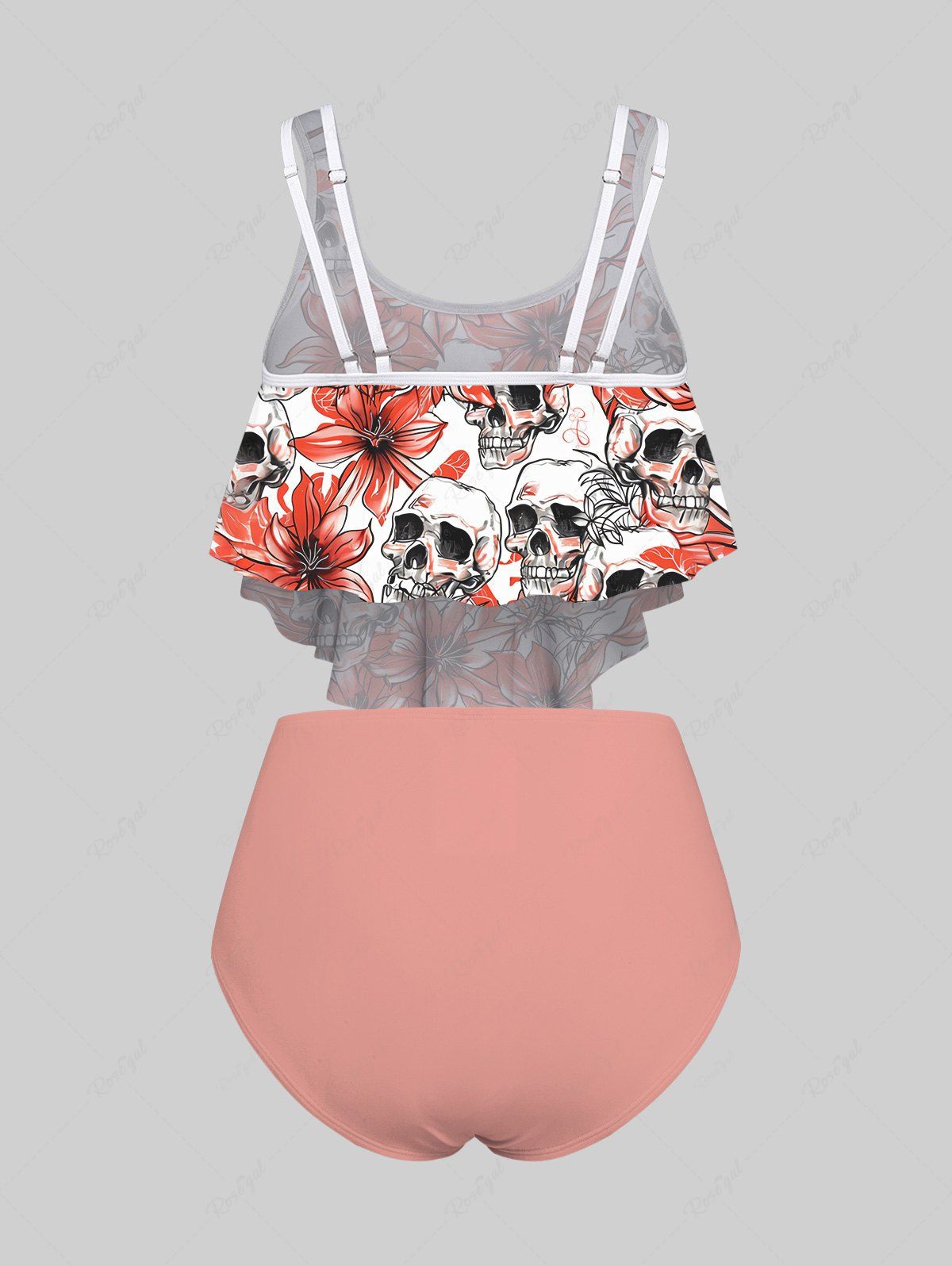 Gothic Plus Size Skull Floral Print Peplum Hem Backless Tankini Swimsuit (Adjustable Shoulder Strap)