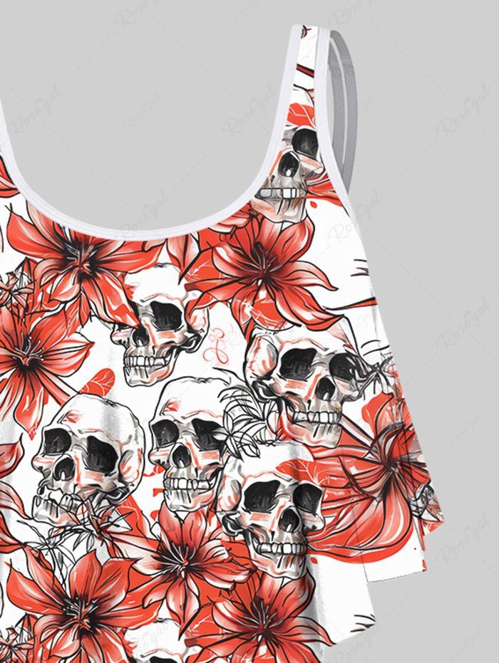 Gothic Skull Floral Print Peplum Hem Backless Tankini Swimsuit (Adjustable Shoulder Strap)