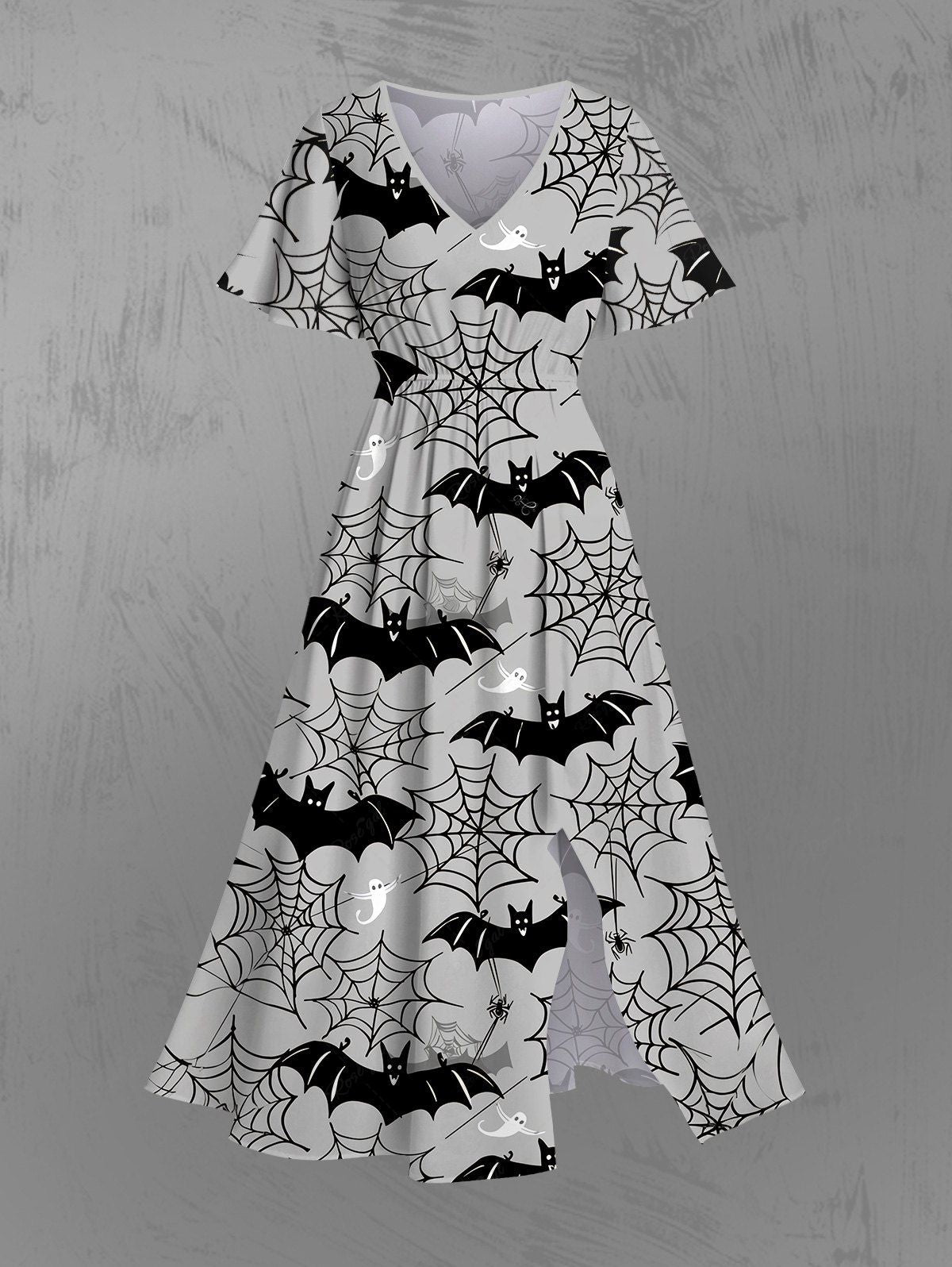 Gothic Plus Size Bat Spider Web Ghost Print Split Pocket A Line Midi Dress