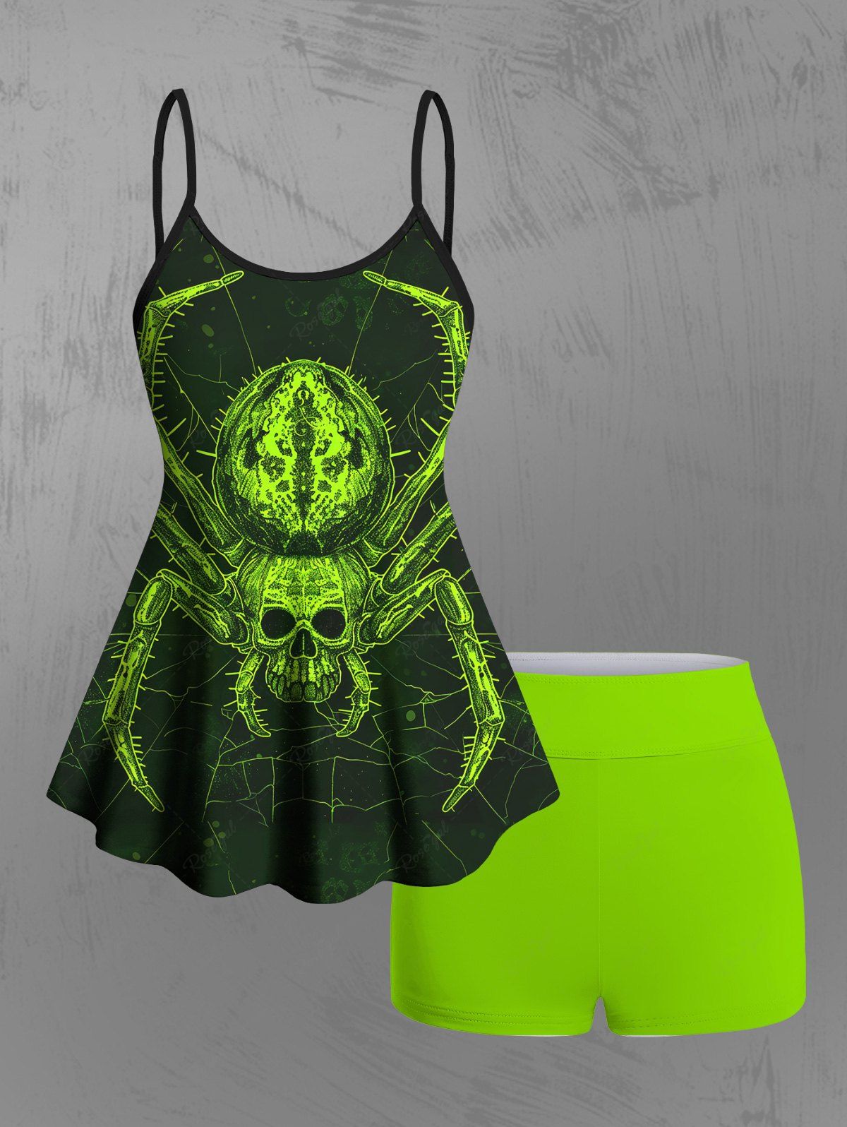 Gothic Glitter Skull Spider Print Boyleg Tankini Swimsuit (Adjustable Shoulder Strap)