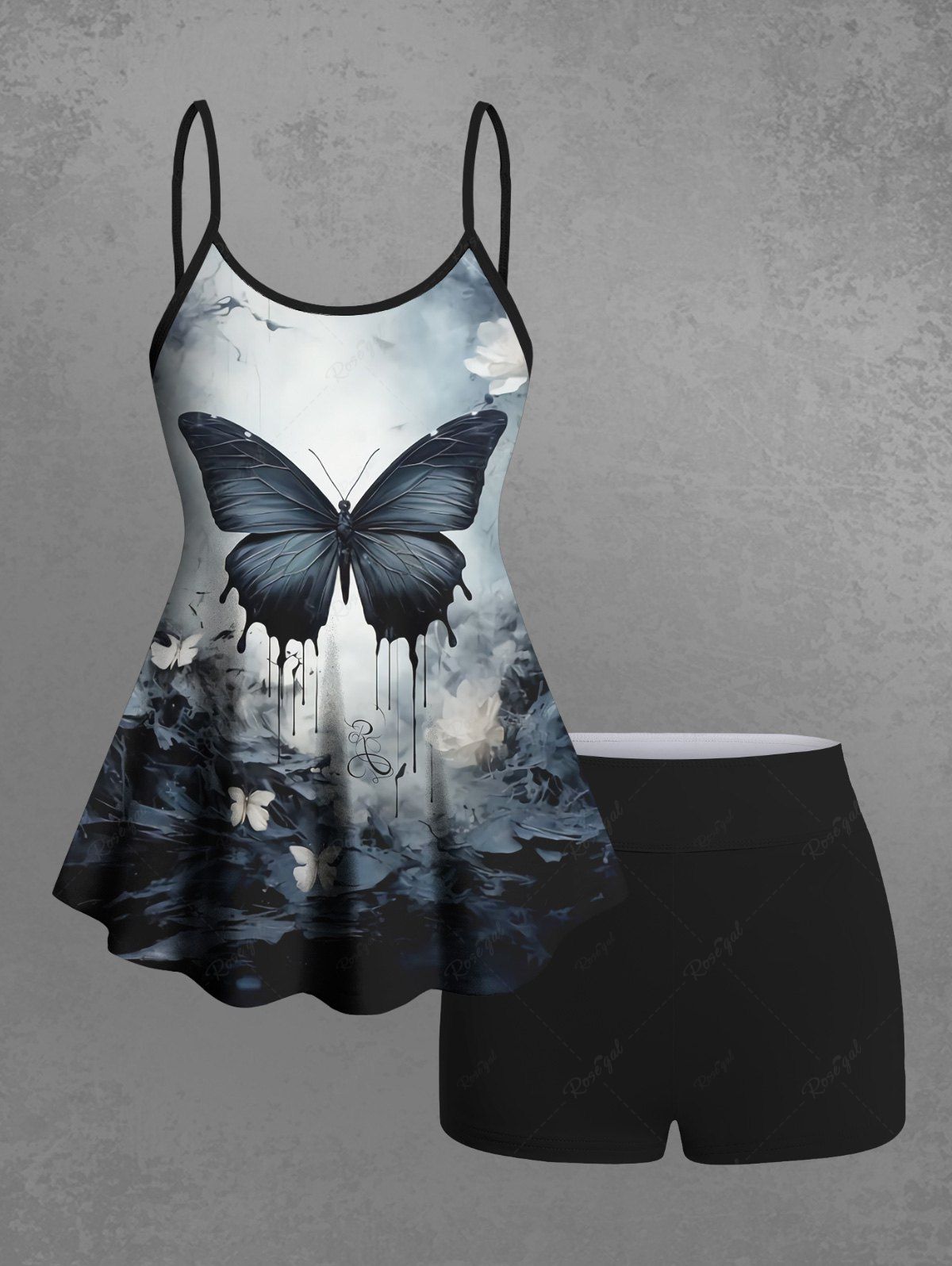 Gothic Plus Size Ink Painting Tie Dye Ombre Butterfly Sea Print Boyleg Tankini Swimsuit (Adjustable Shoulder Strap)