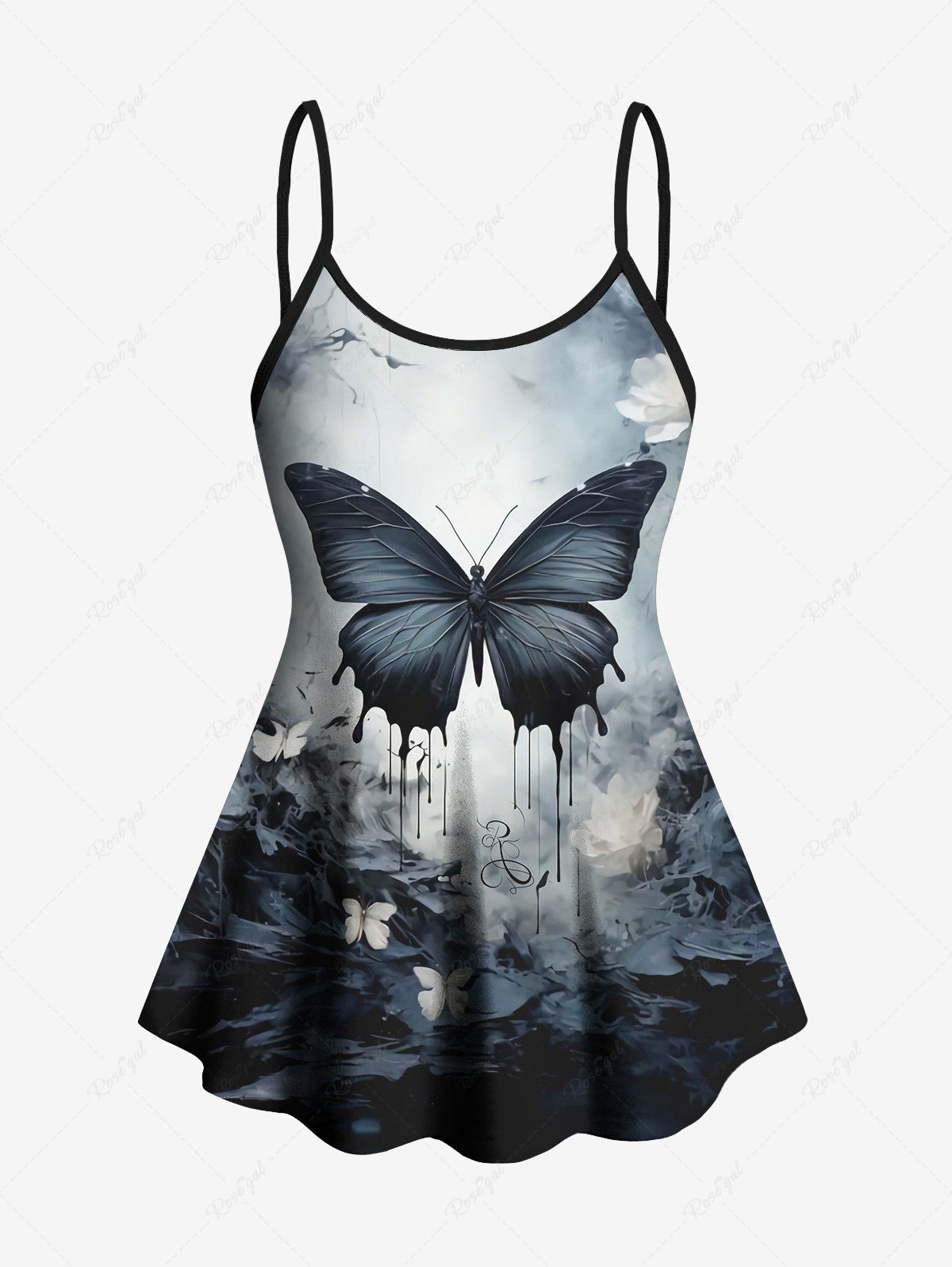 Gothic Ink Painting Tie Dye Ombre Butterfly Sea Print Boyleg Tankini Swimsuit (Adjustable Shoulder Strap)