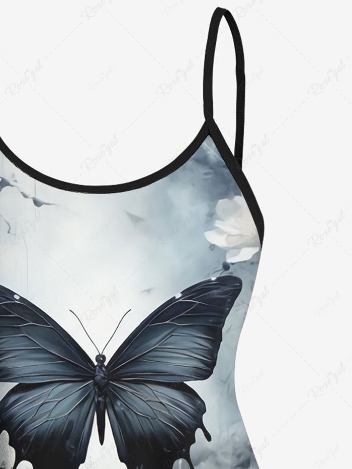Gothic Ink Painting Tie Dye Ombre Butterfly Sea Print Boyleg Tankini Swimsuit (Adjustable Shoulder Strap)