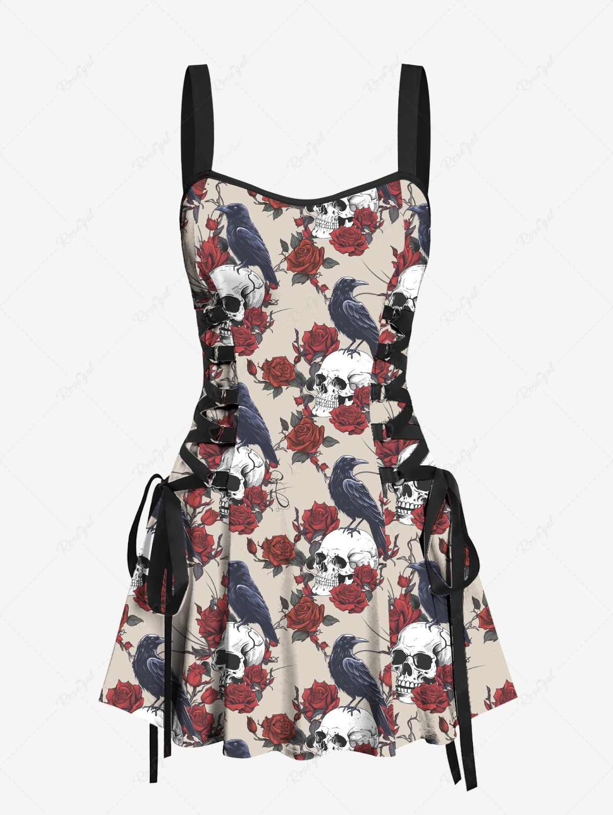 Gothic Skull Rose Flower Eagle Print Lace Up A Line Tank Dress