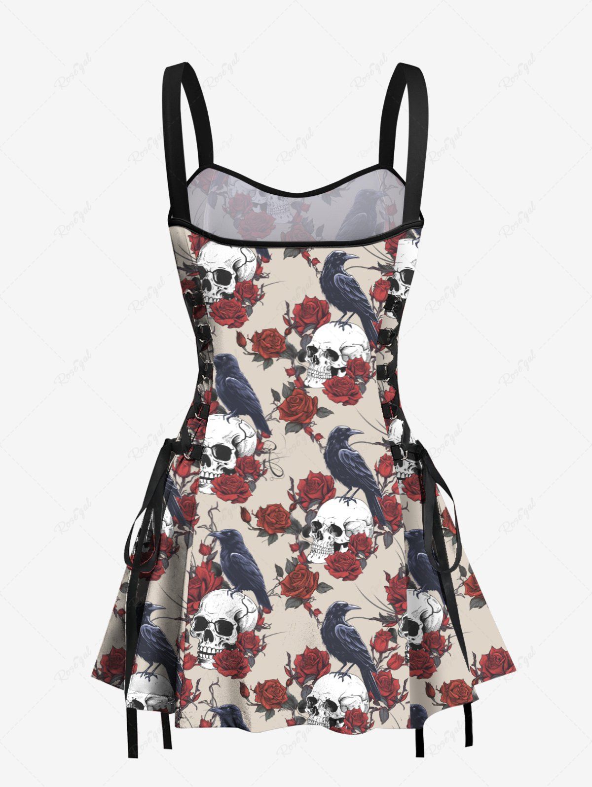 Gothic Skull Rose Flower Eagle Print Lace Up A Line Tank Dress