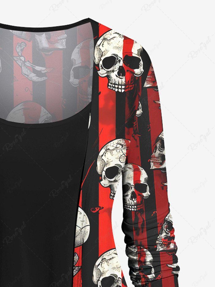 Gothic Plus Size Skull Ink Painting Striped Print Patchwork 2 in 1 Long Sleeves T-shirt