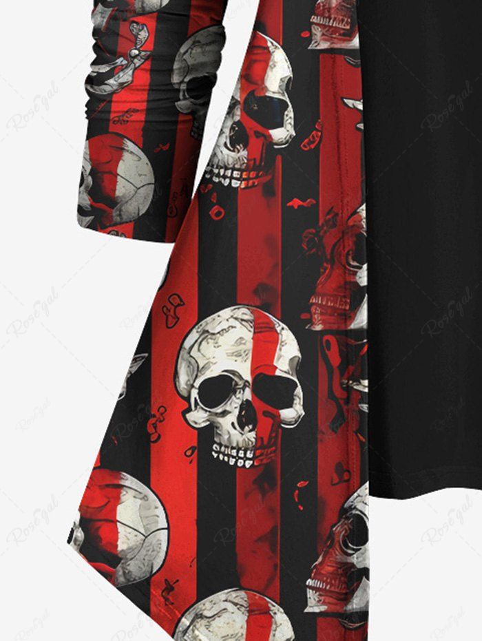 Gothic Plus Size Skull Ink Painting Striped Print Patchwork 2 in 1 Long Sleeves T-shirt