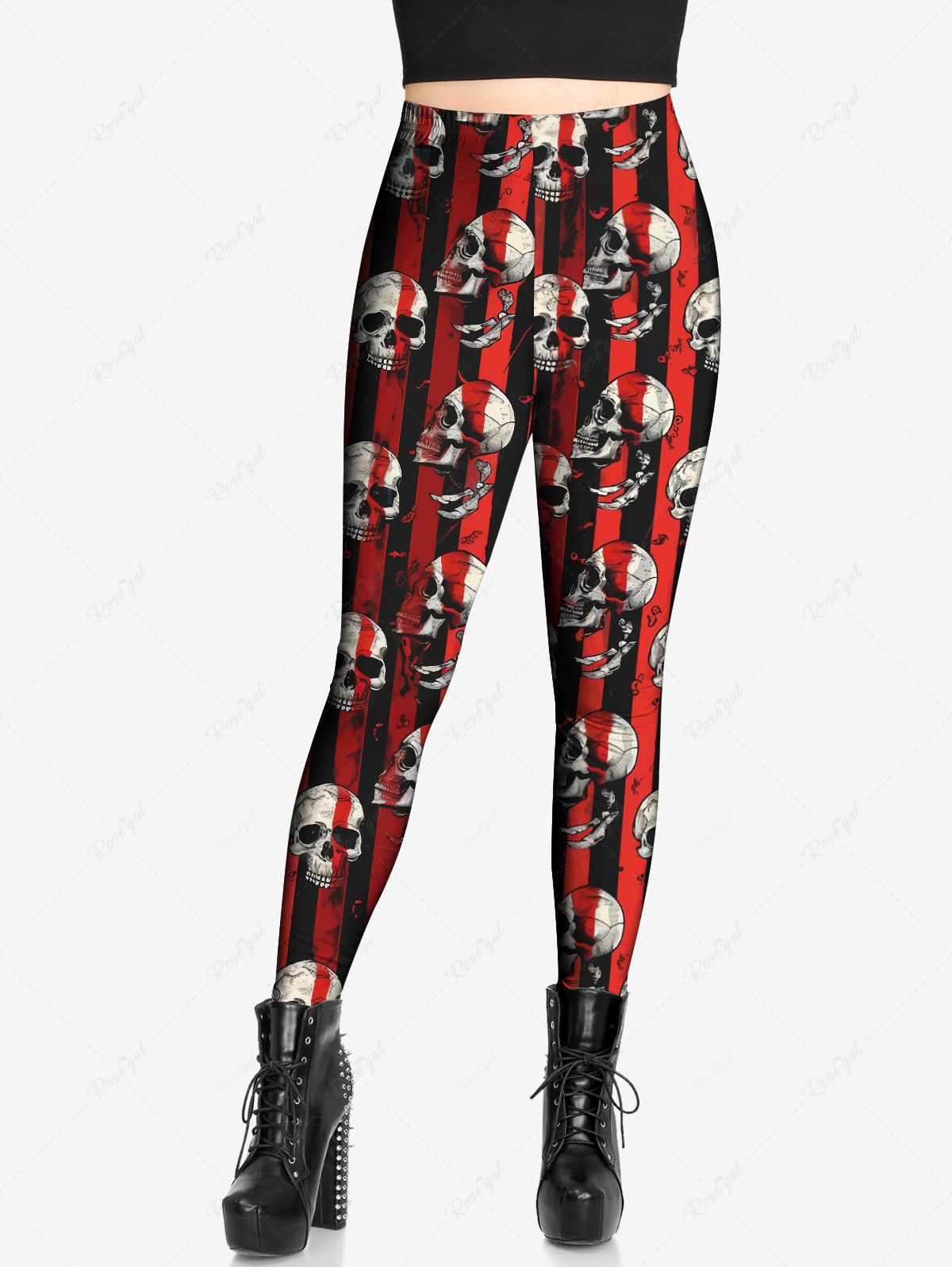 Gothic Plus Size Skull Ink Painting Striped Print Skinny Leggings