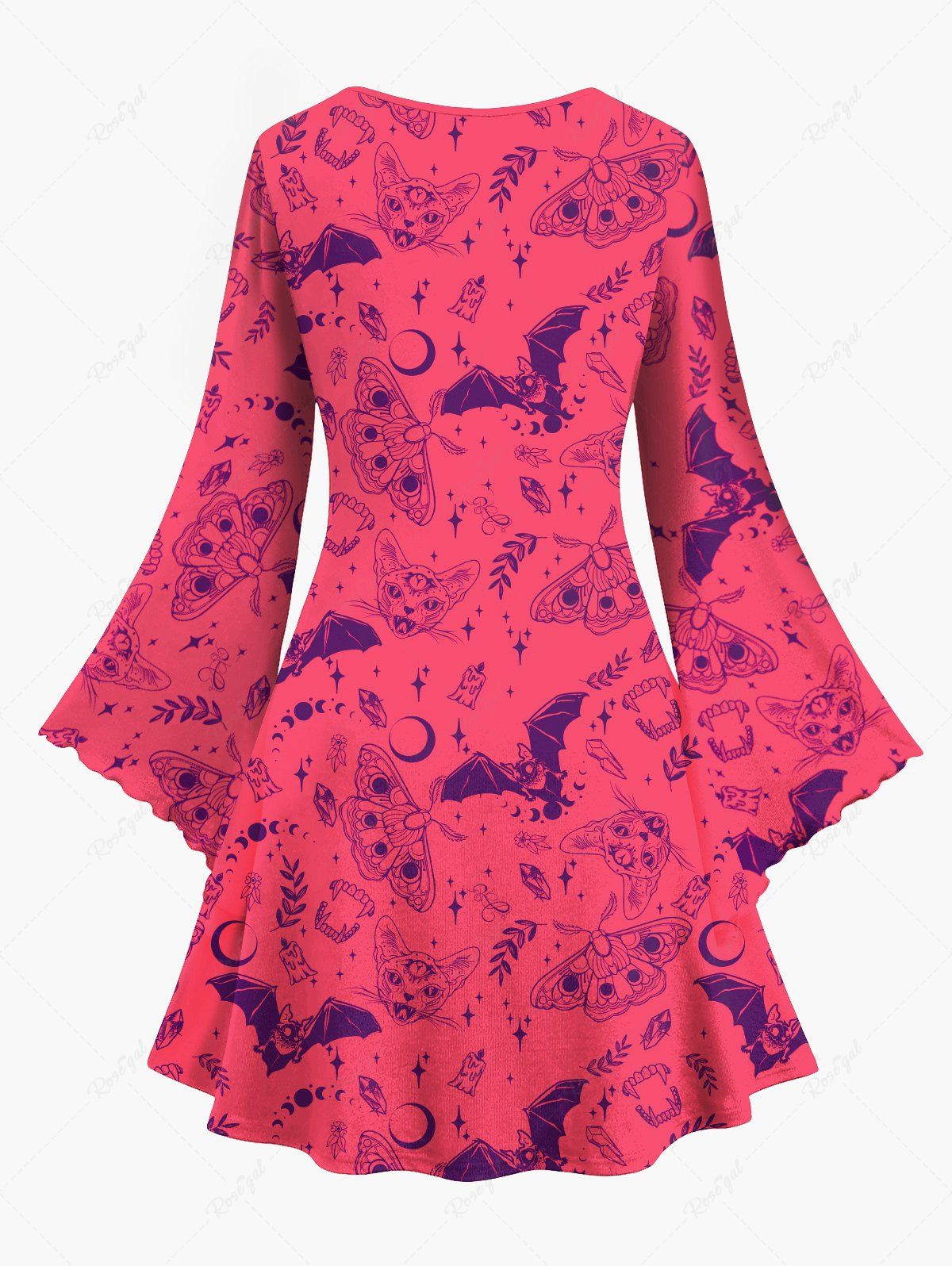 Gothic Flare Sleeves Bat Butterfly Cat Moon Star Floral Print A Line Dress