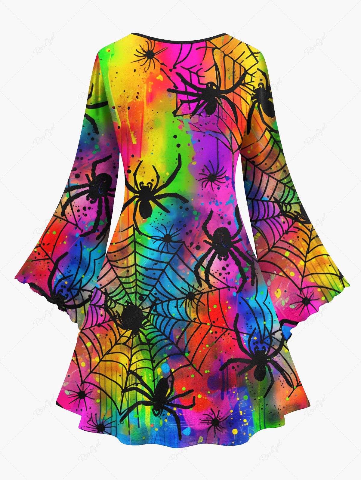 Gothic Plus Size Colorful Ombre Painting Splatter Spider Web Print A Line Dress