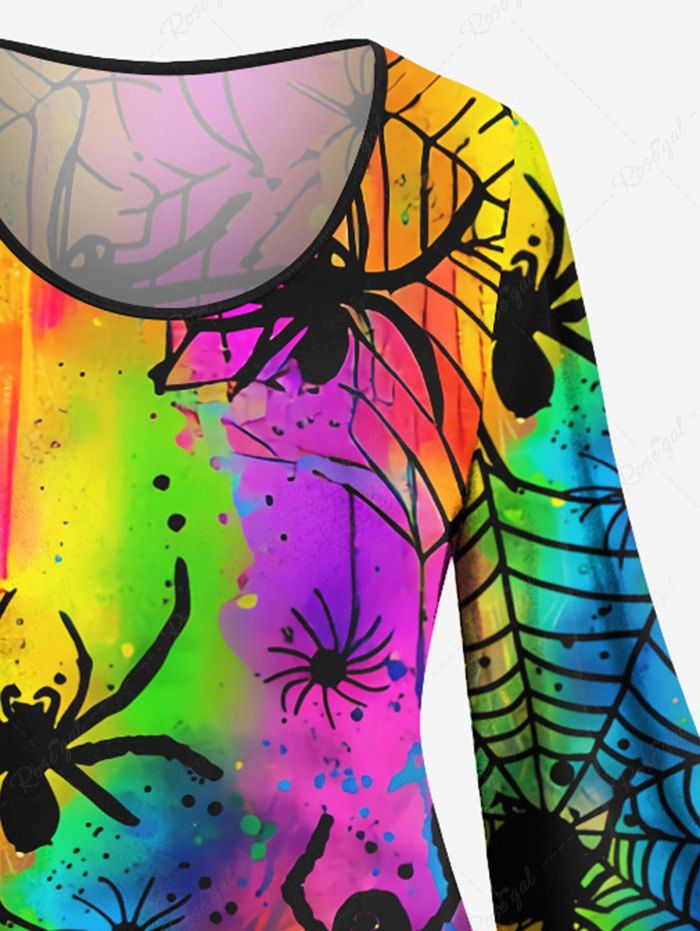 Gothic Plus Size Colorful Ombre Painting Splatter Spider Web Print A Line Dress