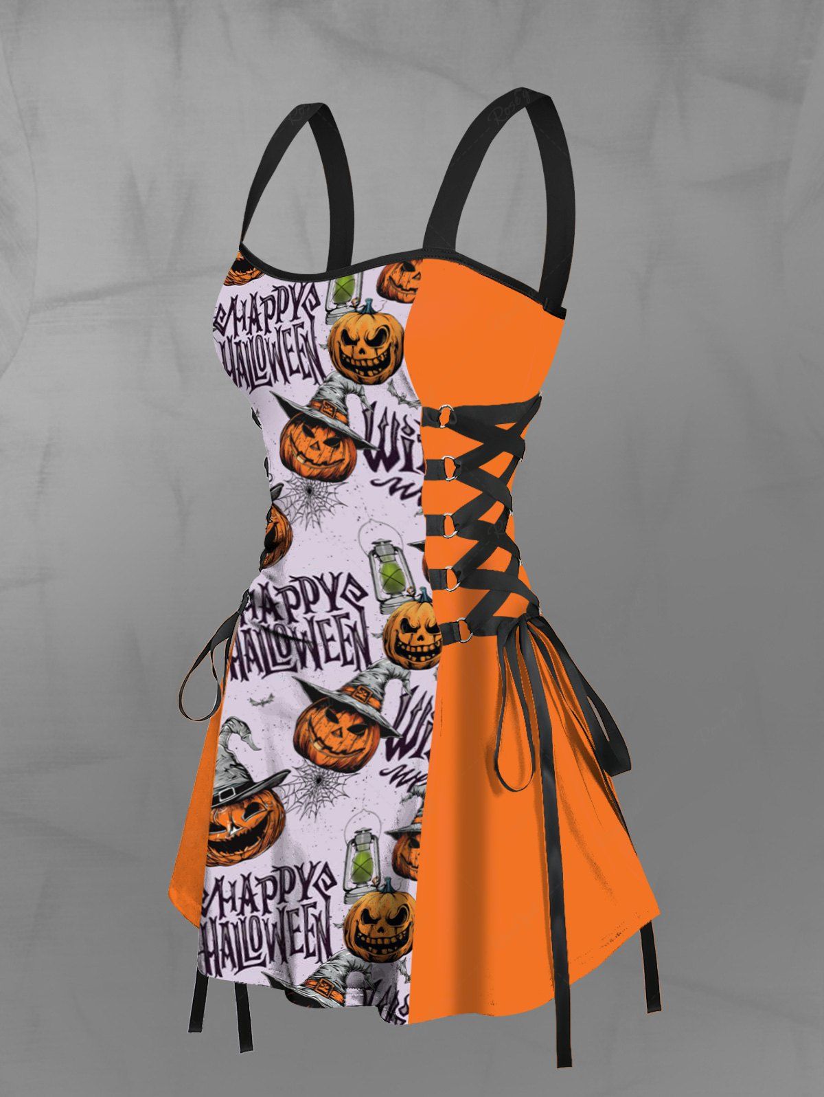 Gothic Skull Pumpkin Wizard Hat Letters Spider Web Print Halloween Lace Up A Line Tank Dress