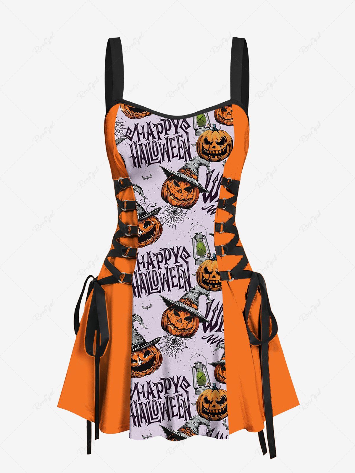 Gothic Skull Pumpkin Wizard Hat Letters Spider Web Print Halloween Lace Up A Line Tank Dress