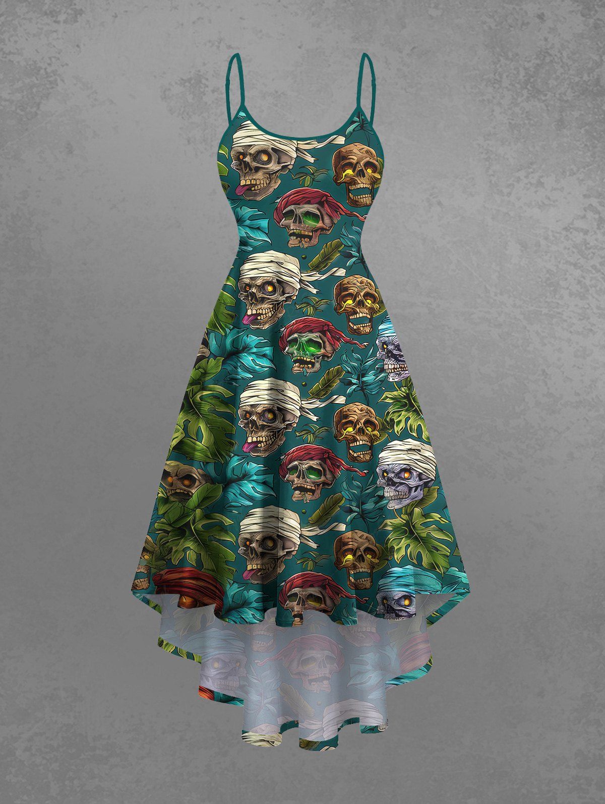 Gothic Plus Size Skull Tropical Leaves Print Hawaii High Low Asymmetric A Line Cami Dress