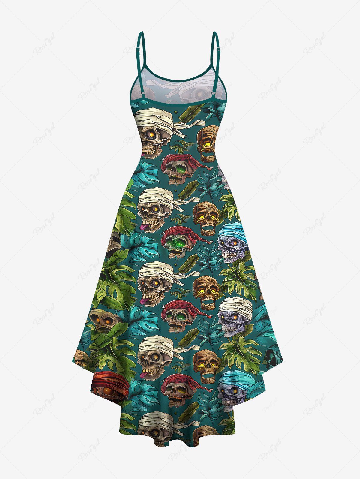 Gothic Plus Size Skull Tropical Leaves Print Hawaii High Low Asymmetric A Line Cami Dress