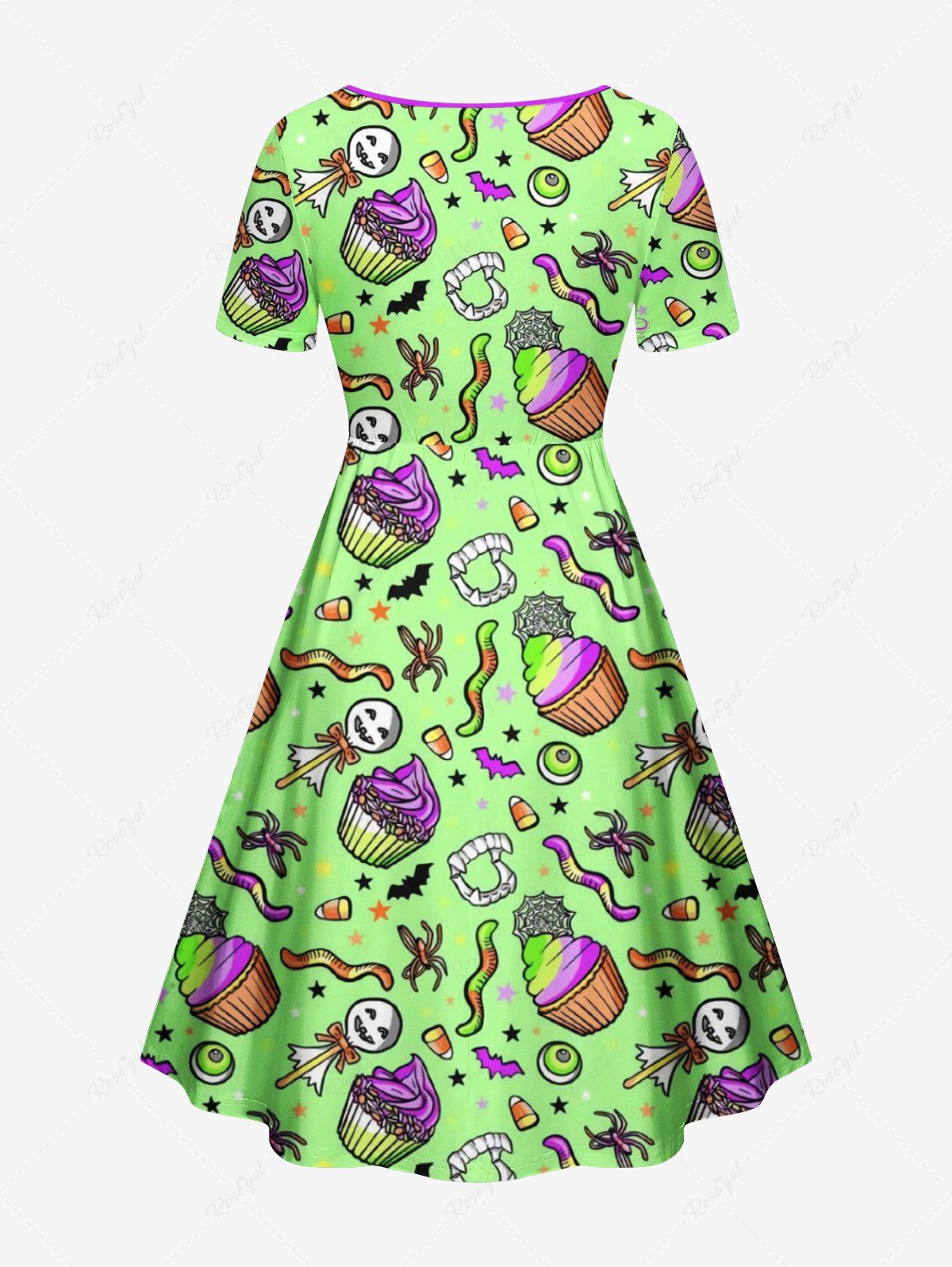 Gothic Plus Size Skull Candy Cake Star Bat Insects Print Cinched A Line Dress