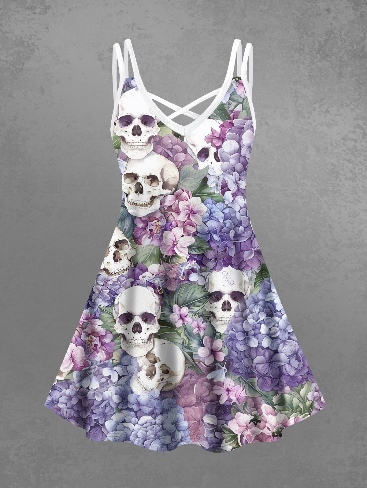 Gothic Plus Size Skull Floral Tropical Leaves Print Hawaii Crisscross A Line Cami Dress