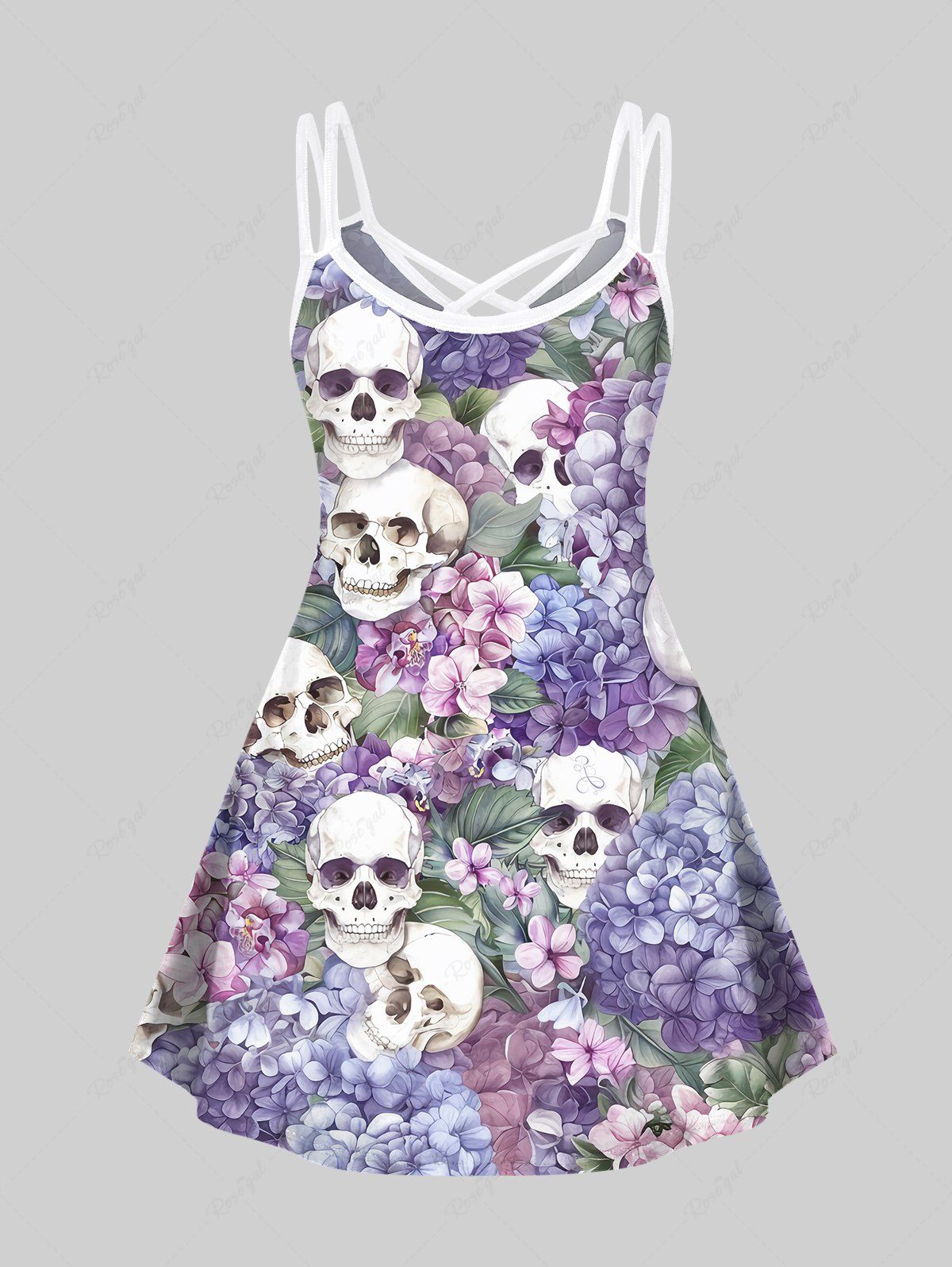 Gothic Plus Size Skull Floral Tropical Leaves Print Hawaii Crisscross A Line Cami Dress