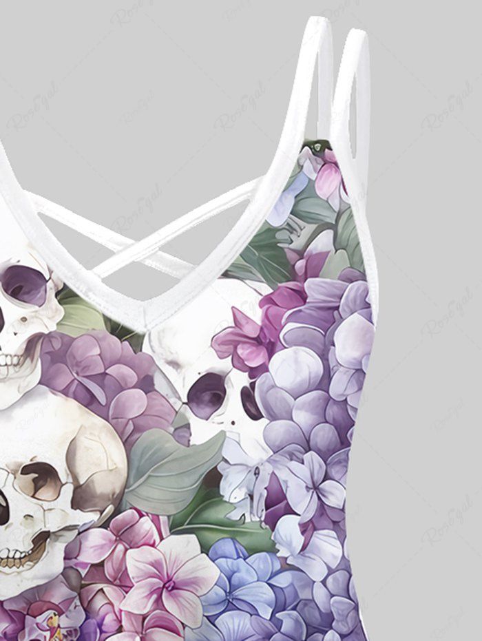 Gothic Plus Size Skull Floral Tropical Leaves Print Hawaii Crisscross A Line Cami Dress