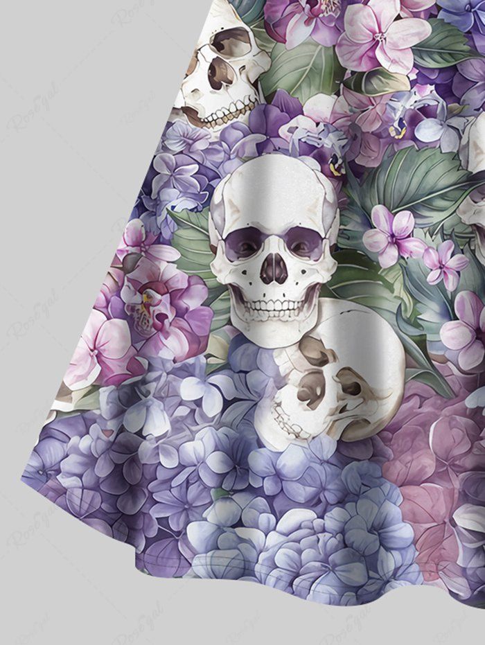 Gothic Plus Size Skull Floral Tropical Leaves Print Hawaii Crisscross A Line Cami Dress