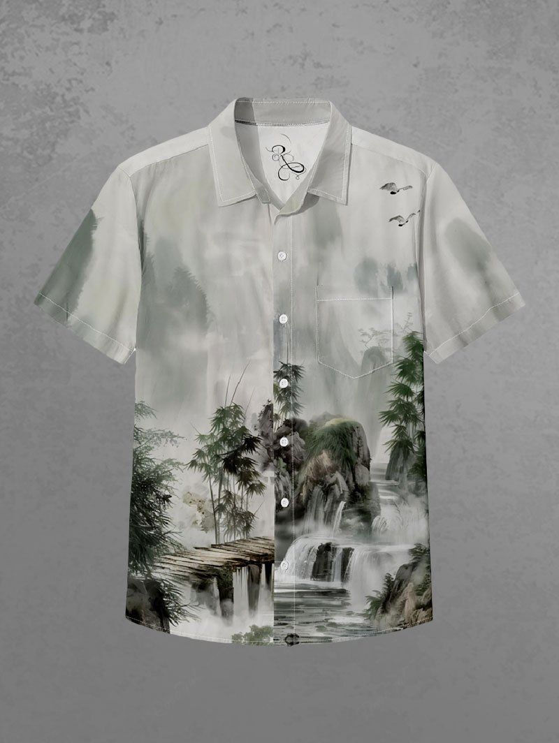 Gothic Ombre Ink Painting Mountain River Bamboo Print Button Pocket Shirt For Men