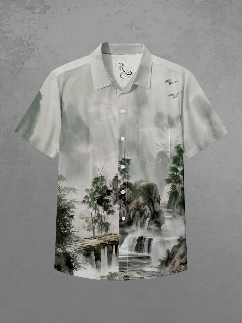 Gothic Plus Size Ombre Ink Painting Mountain River Bamboo Print Button Pocket Shirt For Men