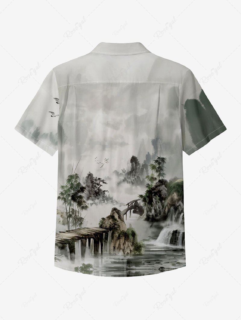 Gothic Ombre Ink Painting Mountain River Bamboo Print Button Pocket Shirt For Men