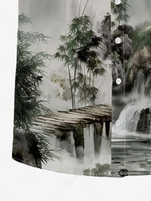 Gothic Plus Size Ombre Ink Painting Mountain River Bamboo Print Button Pocket Shirt For Men