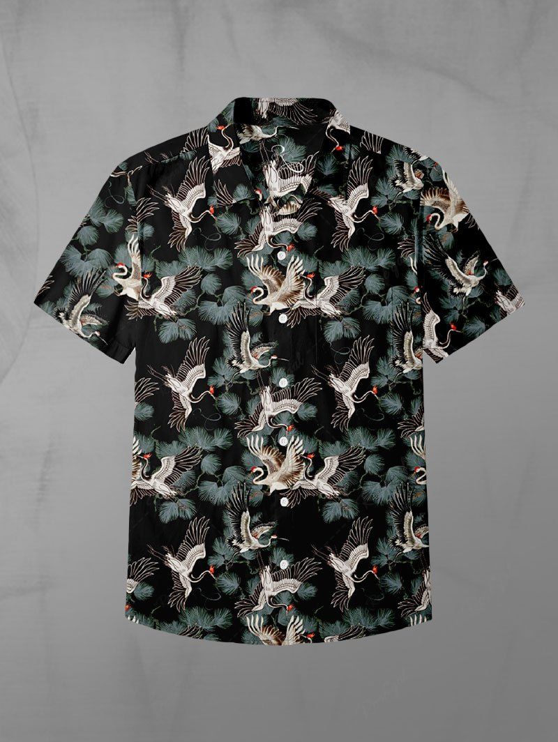 Gothic Crane Pine Print Button Pocket Shirt For Men