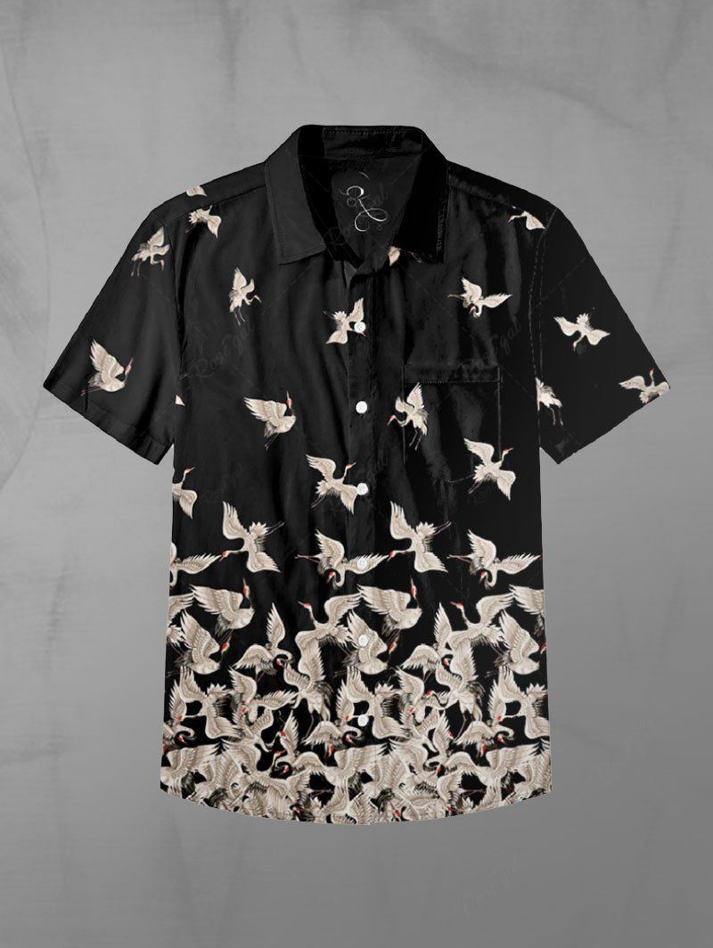 Gothic Plus Size Crane Print Button Pocket Shirt For Men