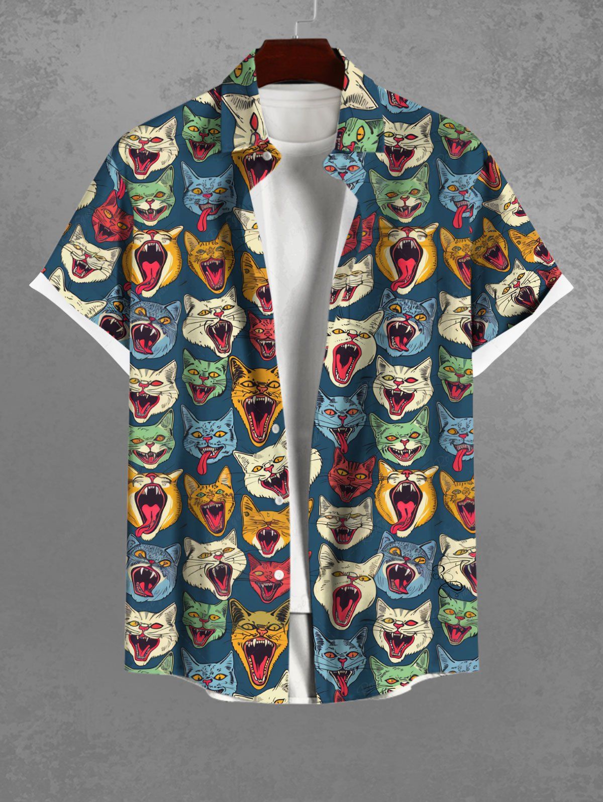 Gothic Colorful Cat Print Button Pocket Shirt For Men