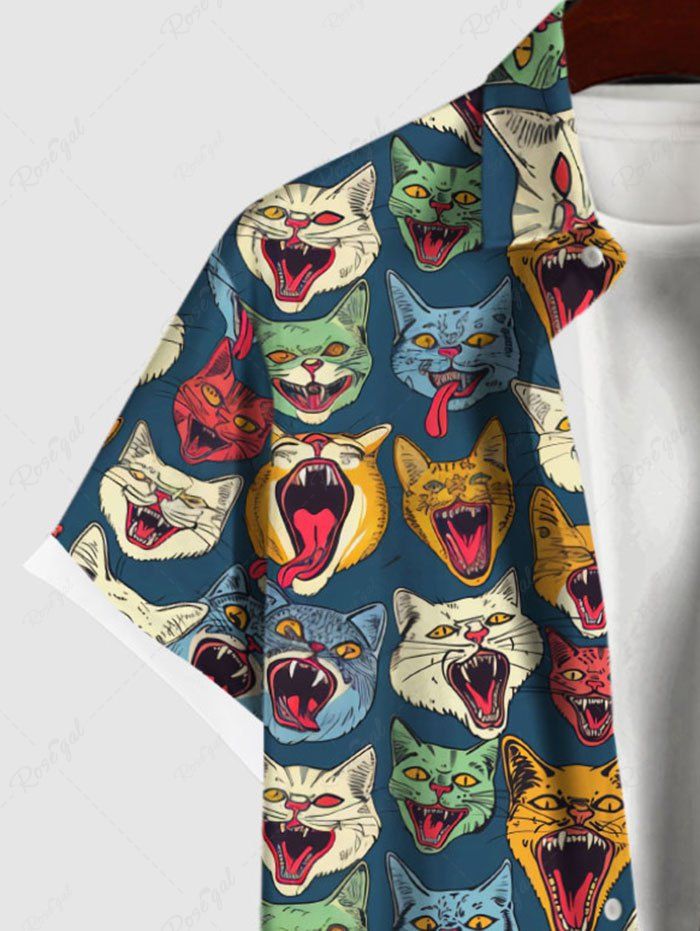 Gothic Plus Size Colorful Cat Print Button Pocket Shirt For Men