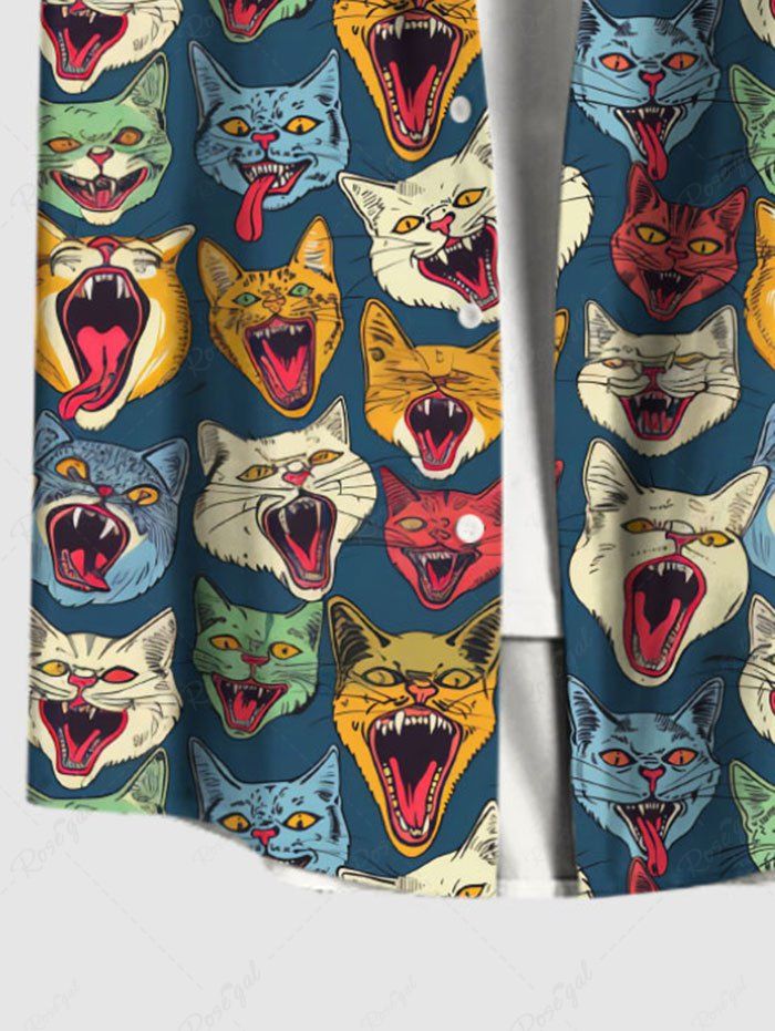 Gothic Colorful Cat Print Button Pocket Shirt For Men