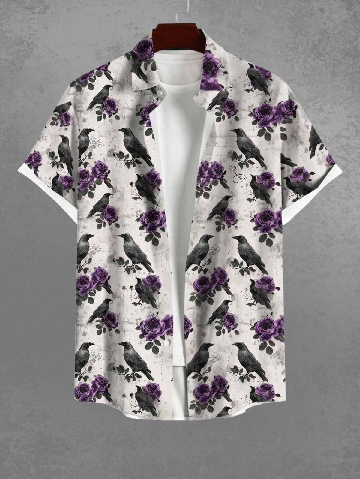 Gothic Plus Size Distressed Rose Flower Eagle Print Button Pocket Shirt For Men