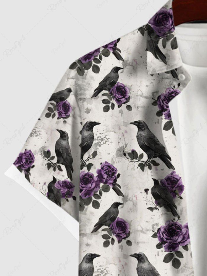 Gothic Plus Size Distressed Rose Flower Eagle Print Button Pocket Shirt For Men