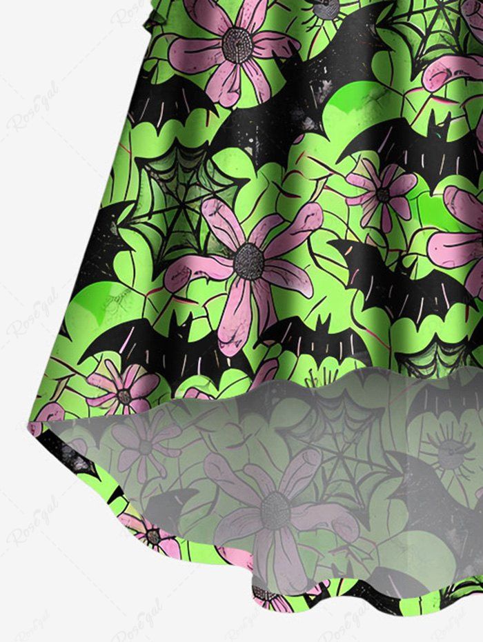 Gothic Plus Size Flare Sleeves Bat Spider Web Floral Leaves Printed Ruched High Low Halloween Costume Asymmetric A Line Dress