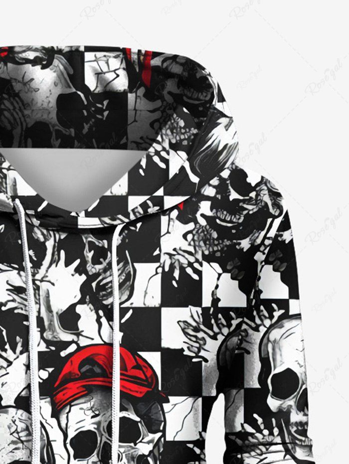Gothic Skull Checkerboard Palm Print Kangaroo Pocket Drawstring Hoodie