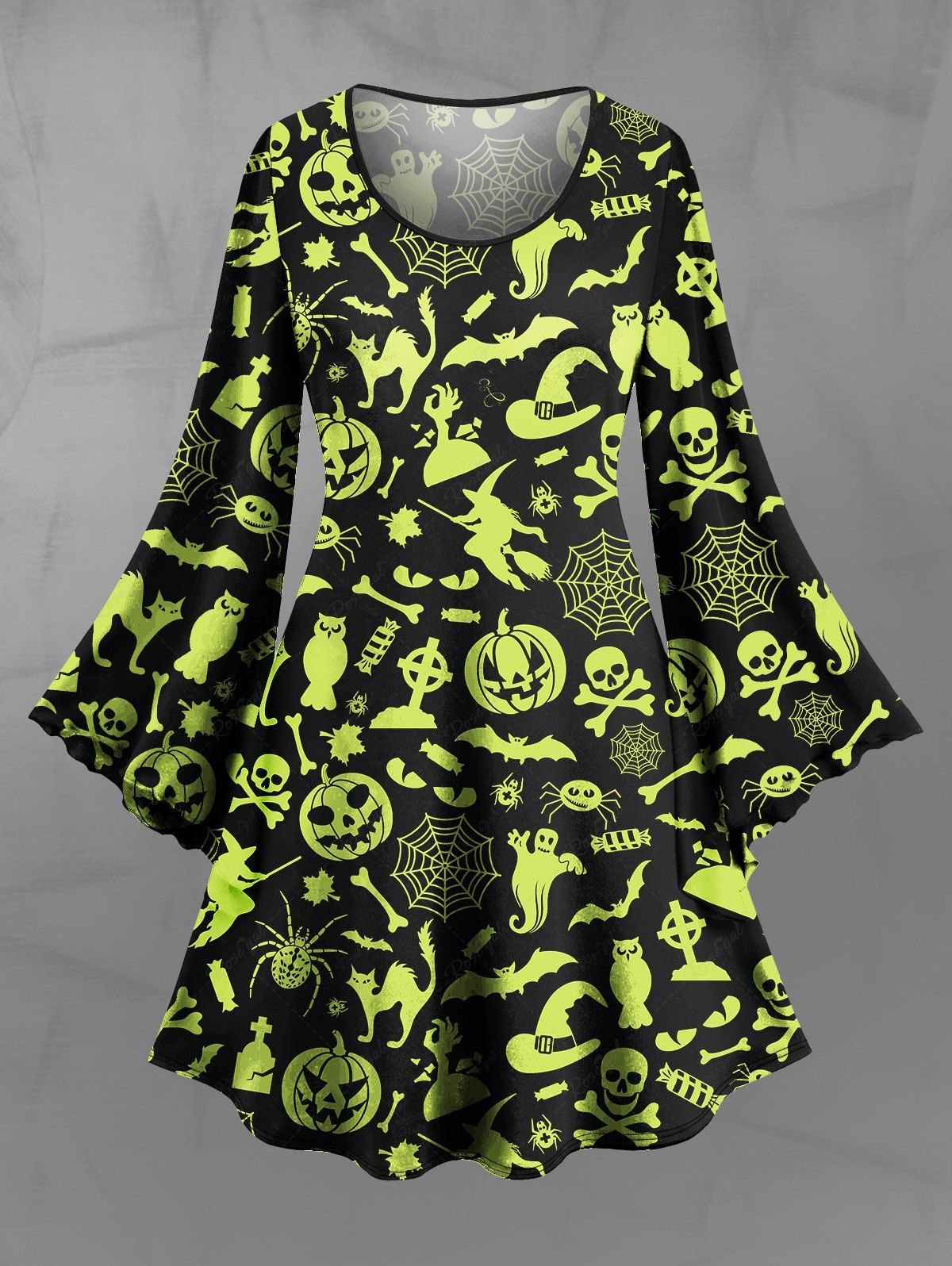 Gothic Flare Sleeves Skull Pumpkin Bat Spider Web Owl Ghost Wizard Print Halloween A Line Dress