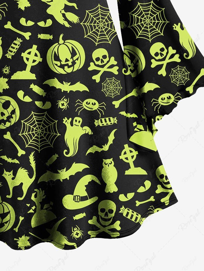 Gothic Flare Sleeves Skull Pumpkin Bat Spider Web Owl Ghost Wizard Print Halloween A Line Dress